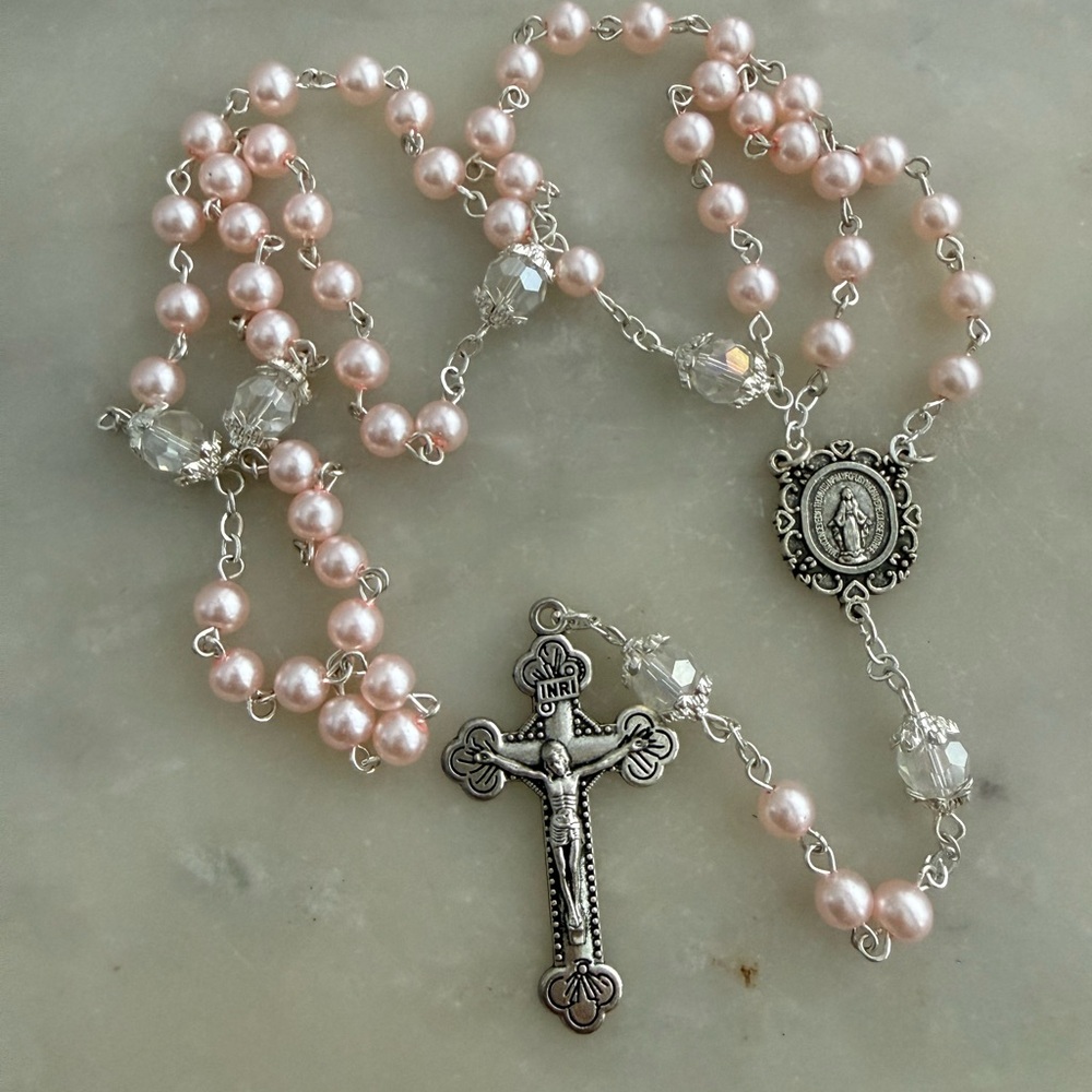 Elegant Pink and Silver Rosary Necklace